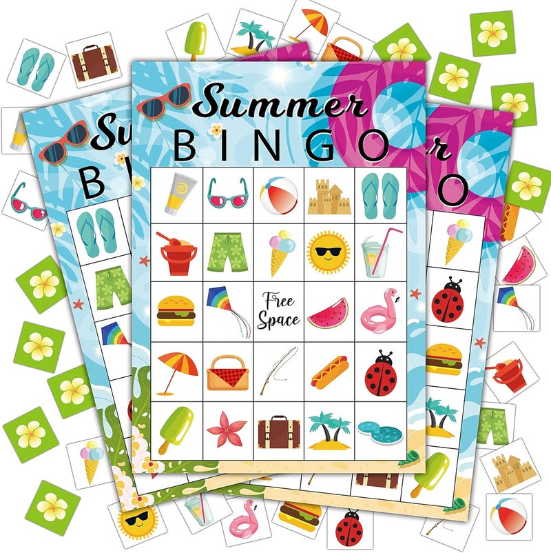 Disfuco Summer Bingo Cards, Summer Party Games Bingo Cards for Birthday Party, Beach Party Favors Supplies Decorations, 24 Players Bingo Game (A01) - Image 1